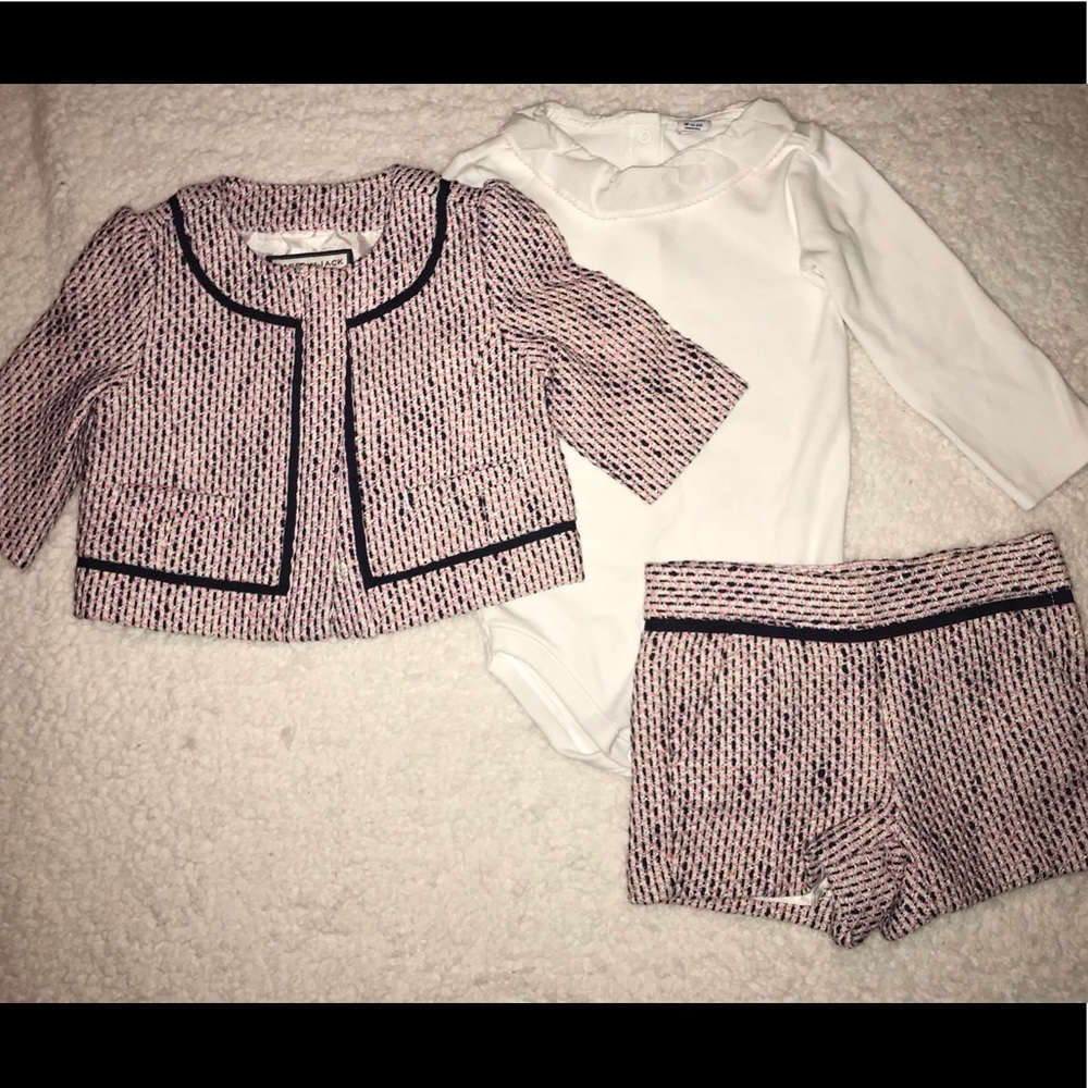 Pink white and black tweed outfit